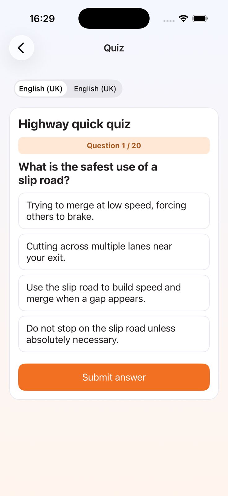 Drivest Highway quick quiz screen.
