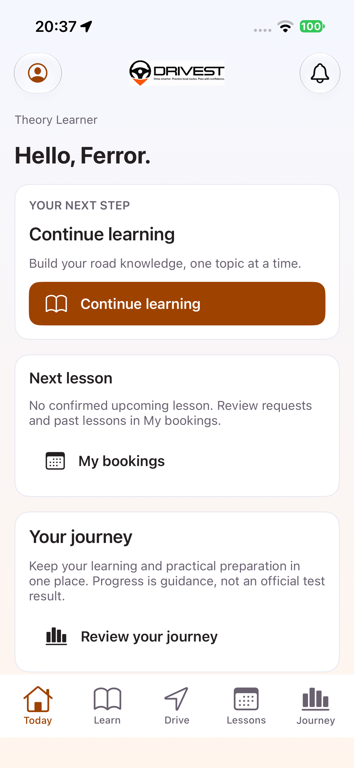 Drivest learner Today screen with learning, lesson and journey actions.