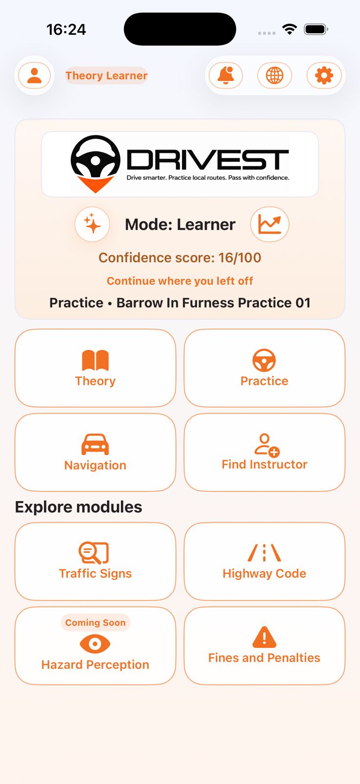 Drivest learner home screen