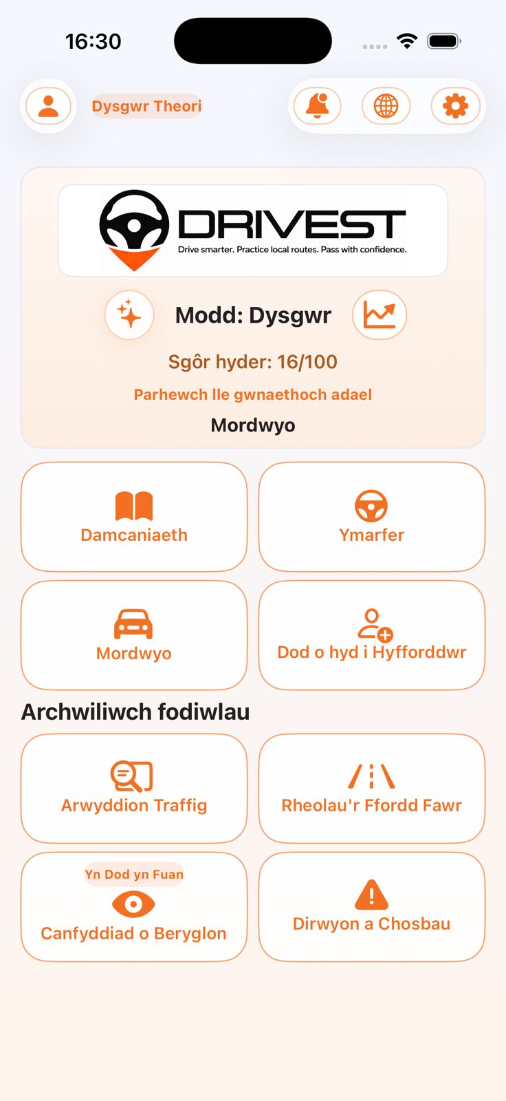 Welsh Drivest home screen showing translated module labels.