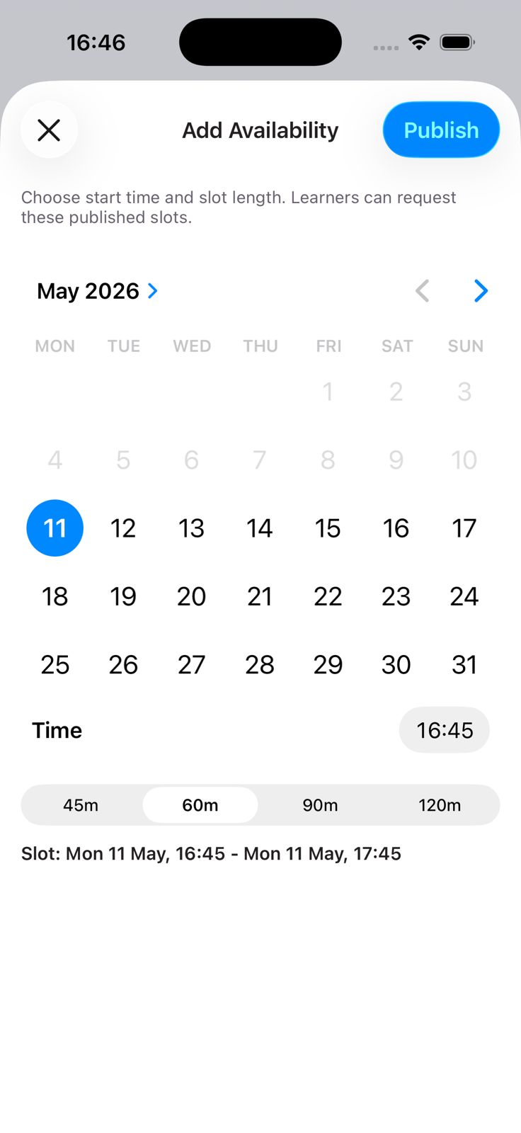 Drivest instructor availability screen