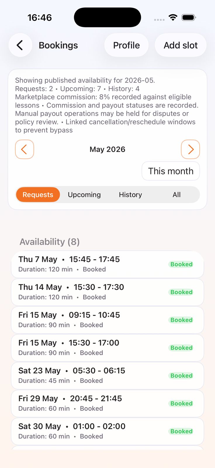 Drivest instructor bookings screen