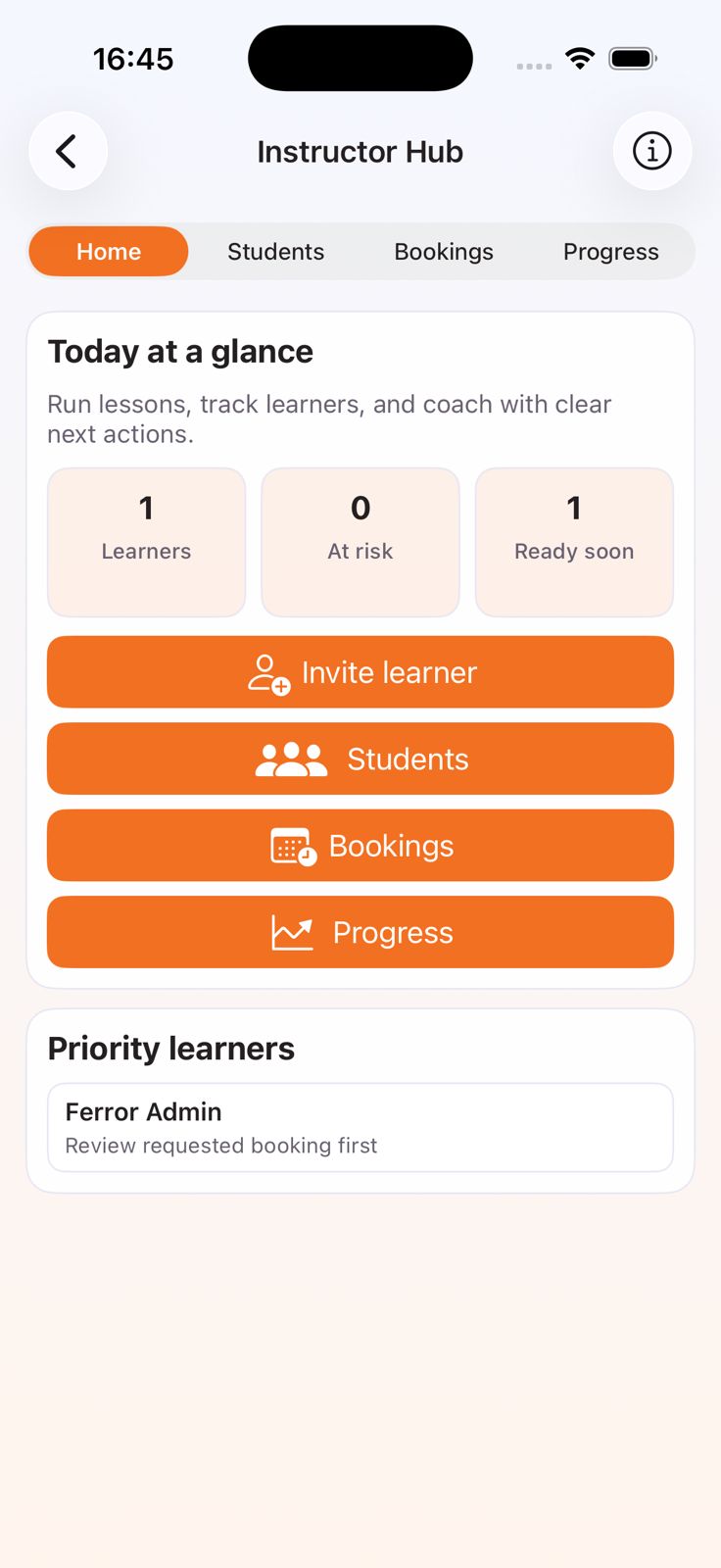 Drivest Instructor Hub home screen showing learners, bookings, and progress actions.