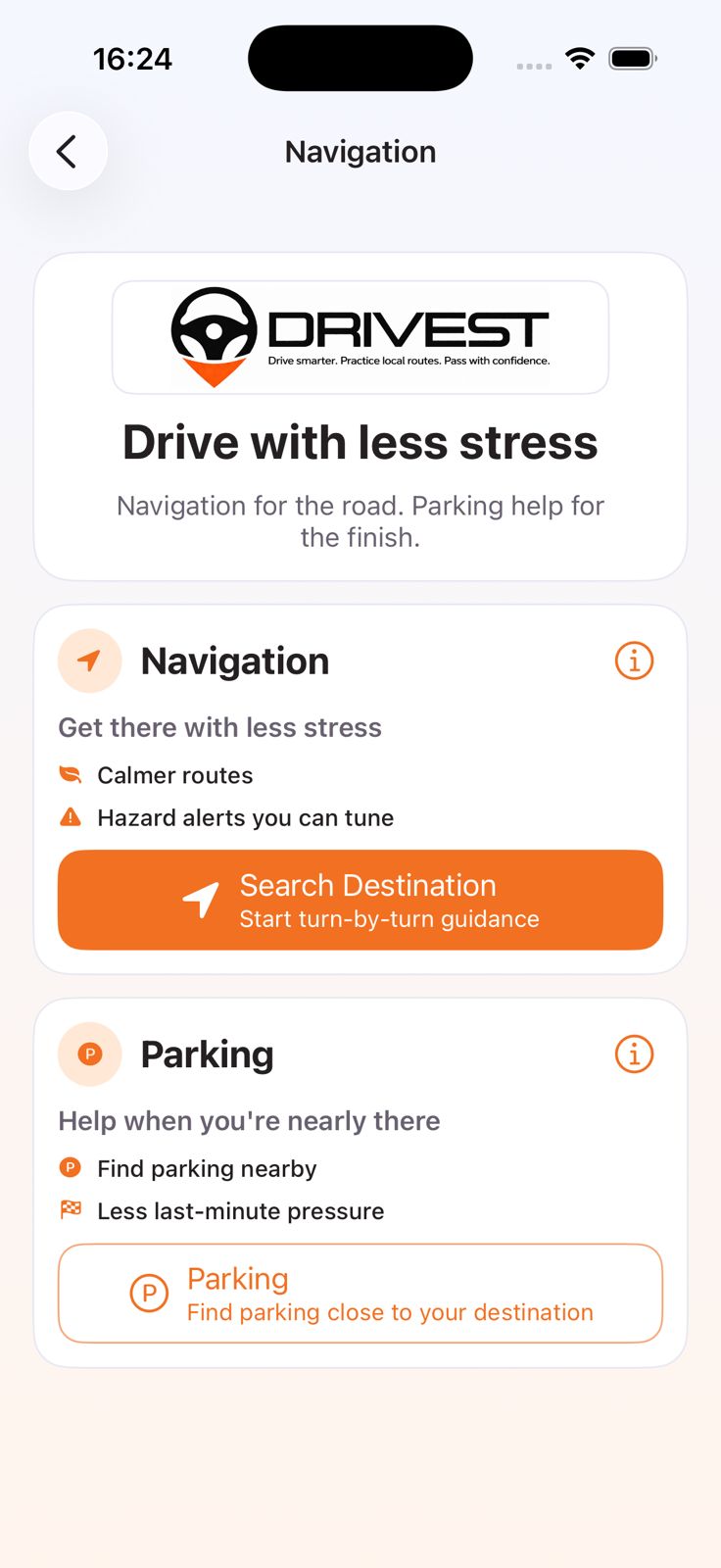 Drivest navigation overview screen