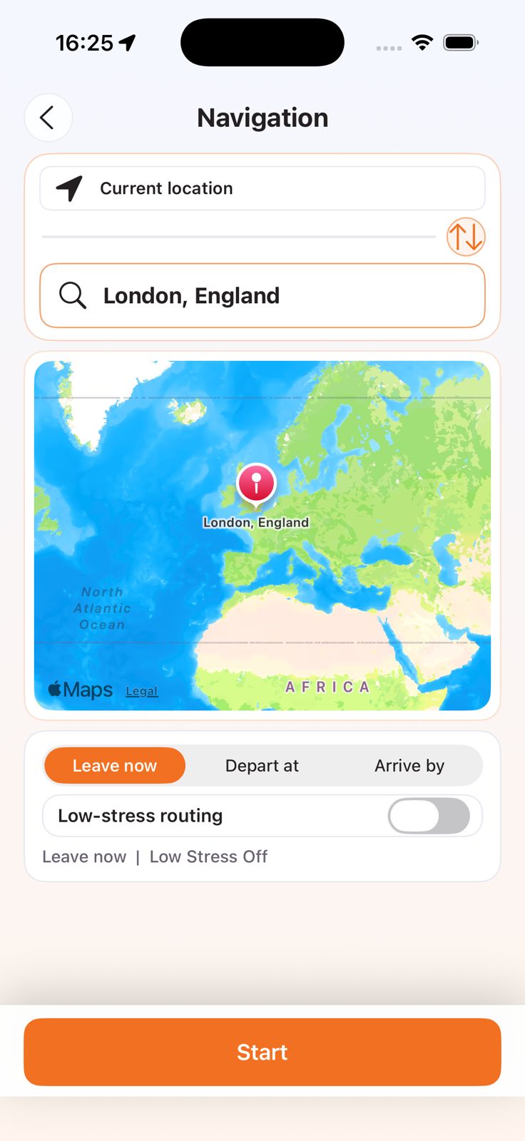 Drivest navigation search screen showing leave now, depart at, arrive by, and low-stress routing toggle.