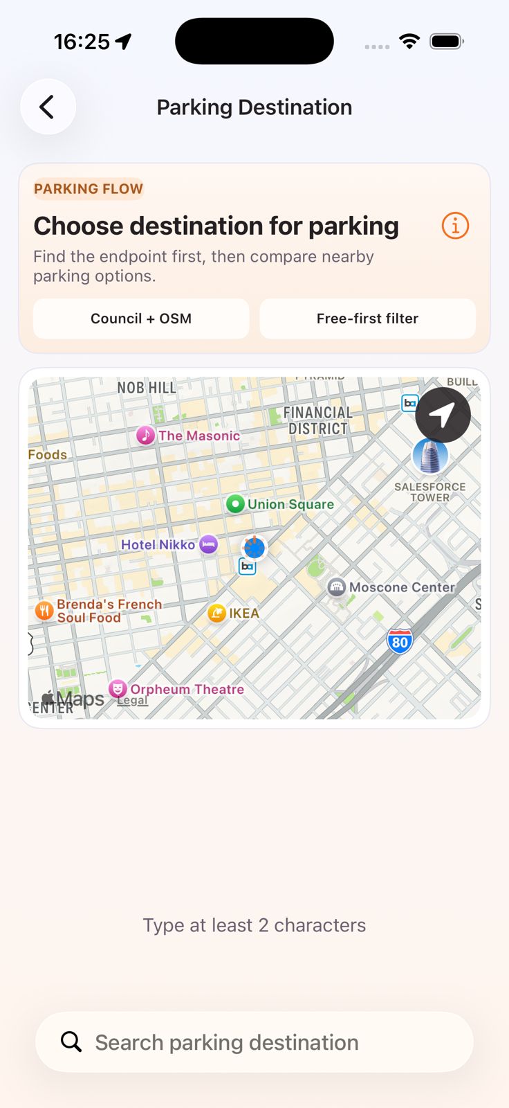 Drivest parking destination screen showing council and OSM sources and a free-first filter.
