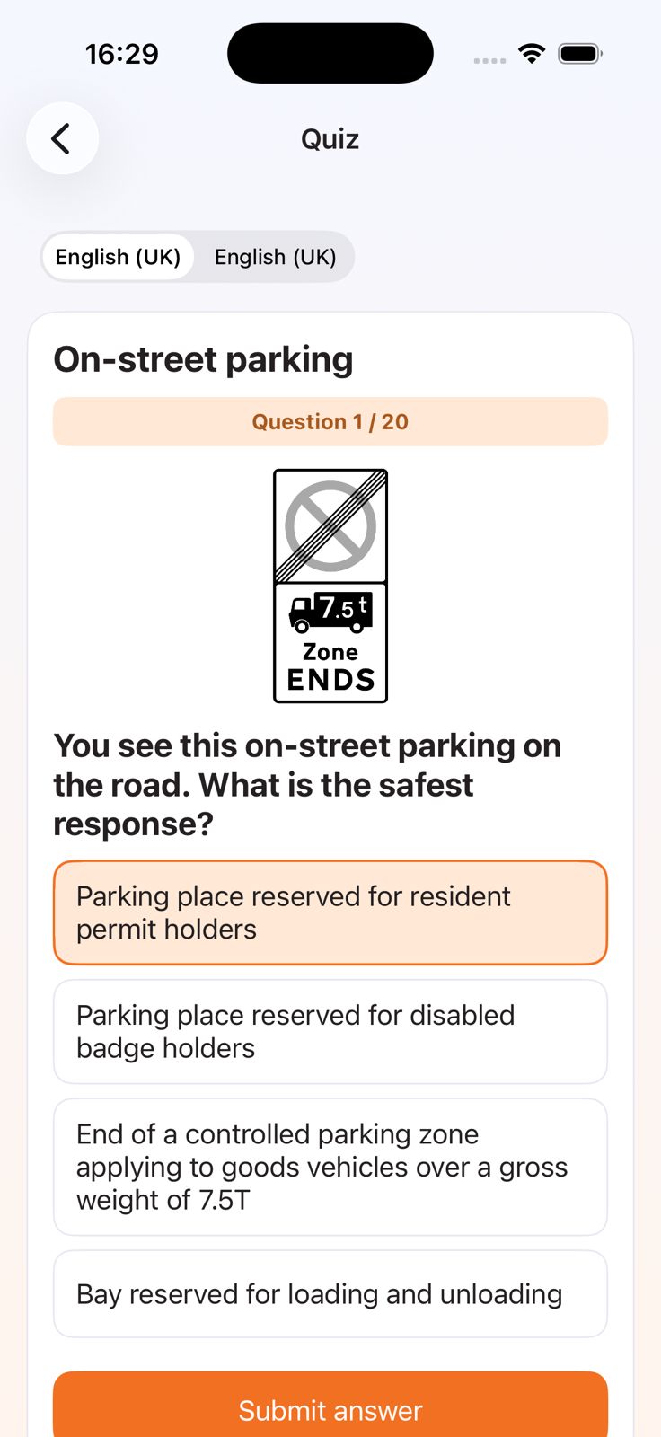 Drivest parking sign quiz screen showing on-street parking question practice.
