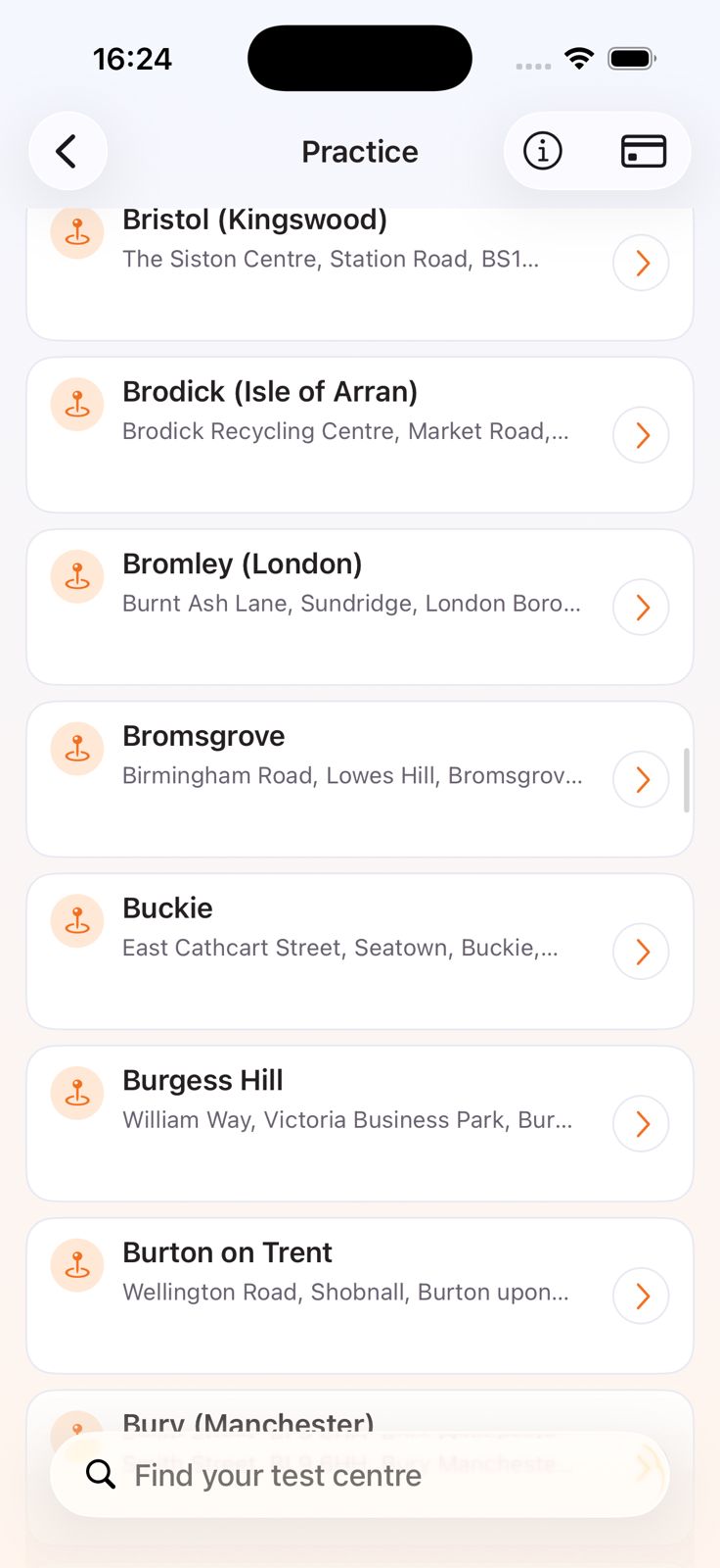 Drivest practice screen showing searchable UK driving test centres.