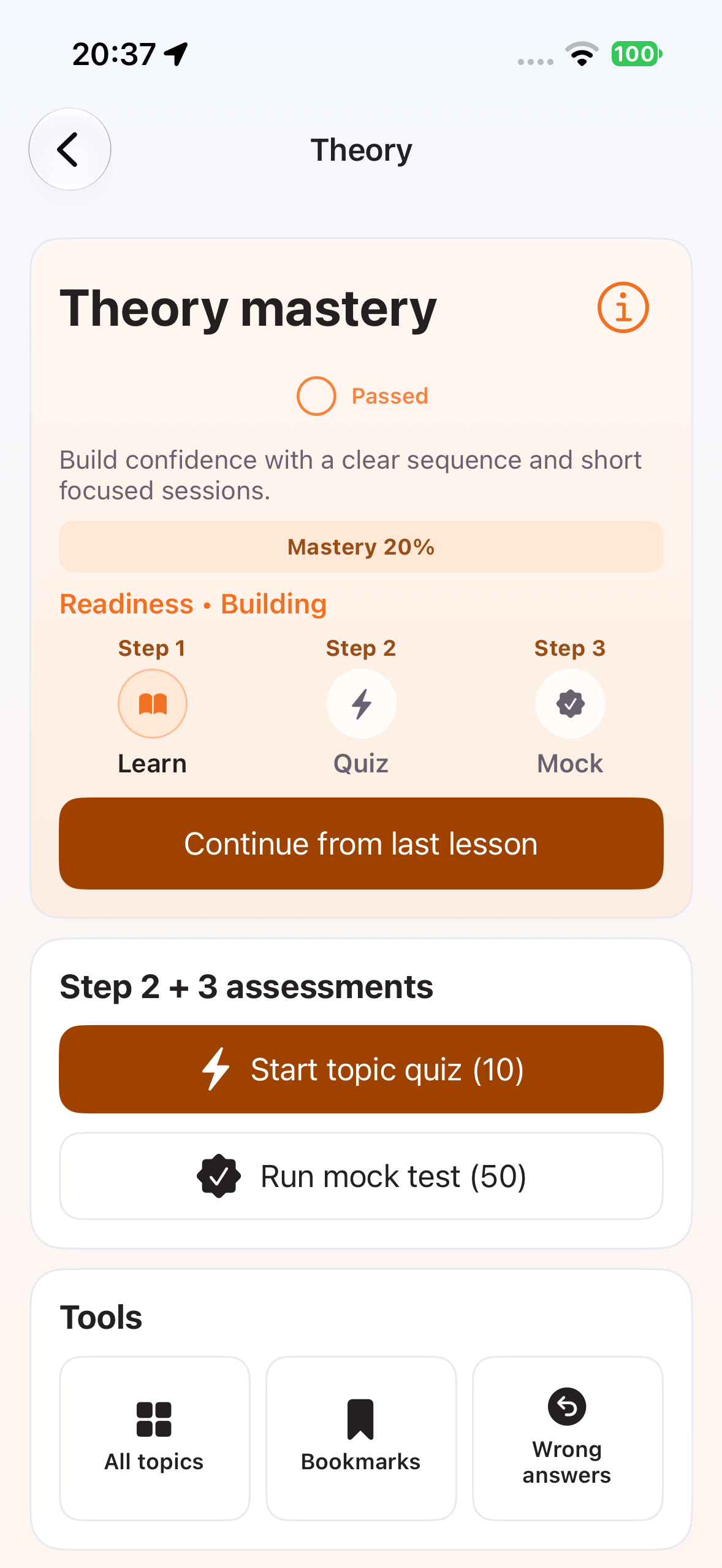 Drivest theory mastery screen showing learn, quiz, and mock progression.
