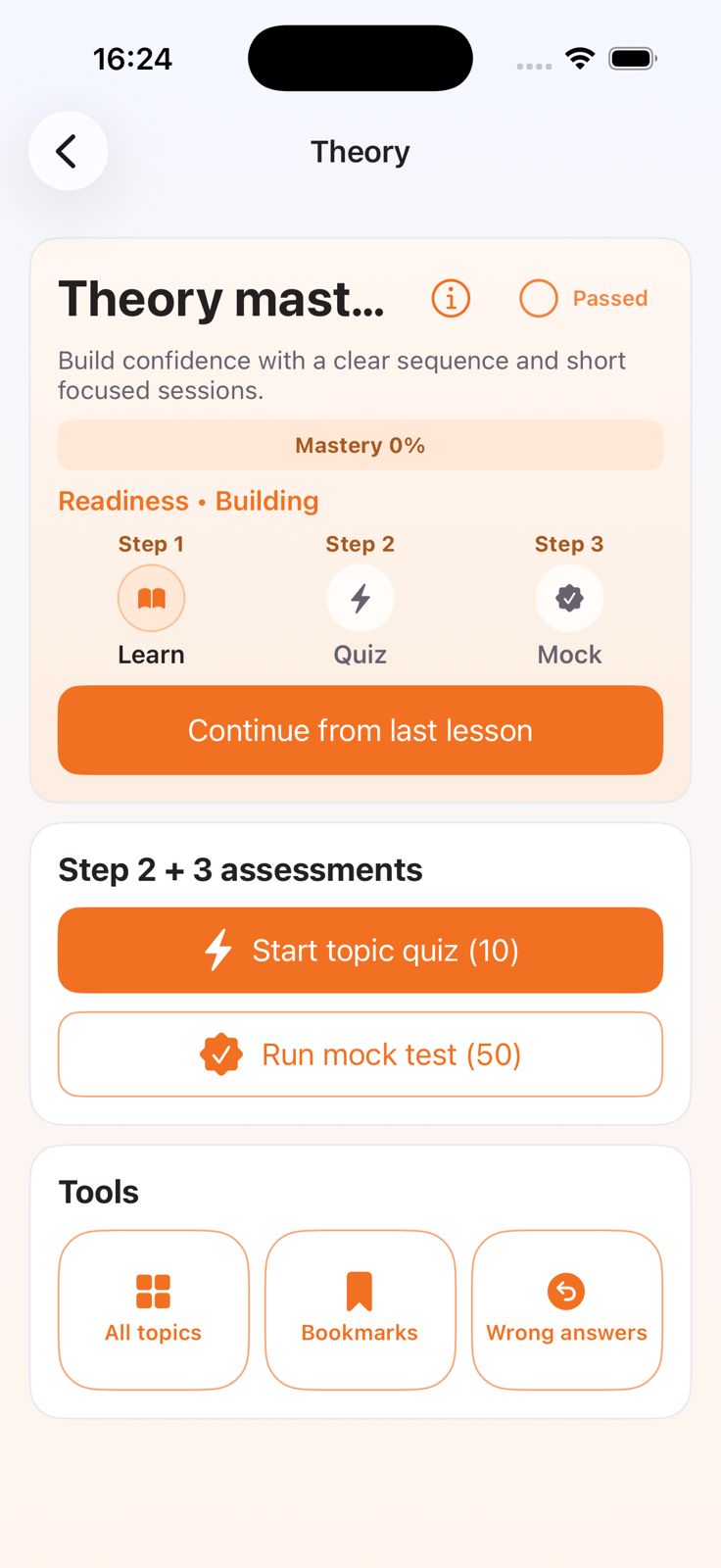 Drivest theory mastery screen showing steps for learn, quiz, and mock with continue from last lesson, topic quiz, and wrong answer tools.