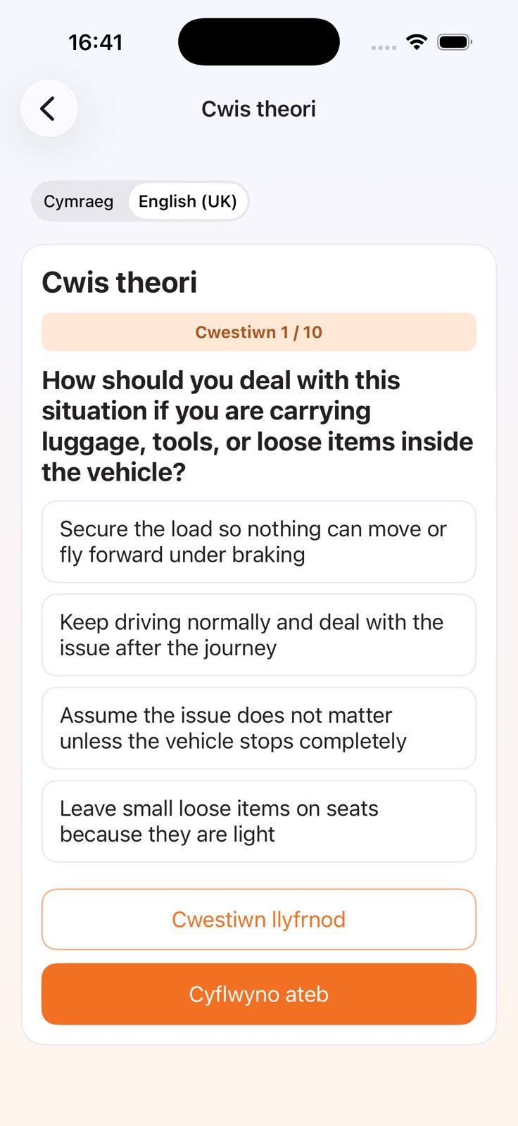 Theory question screen with English UK available beside Welsh.